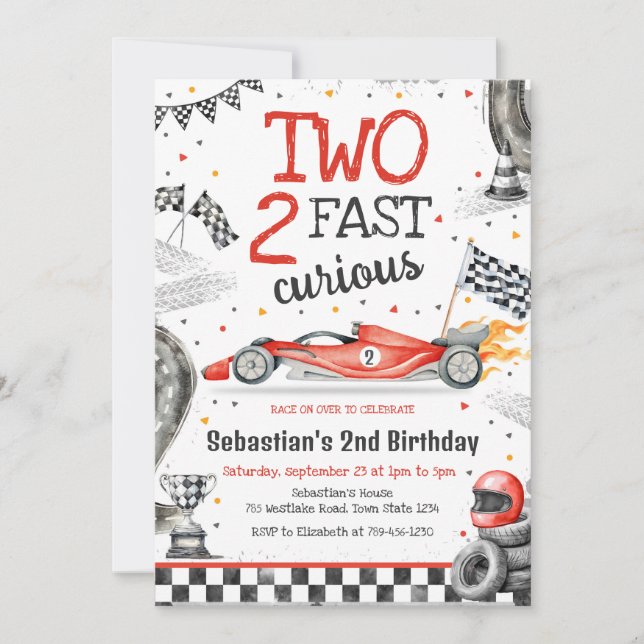 Two Fast 2 Curious Race Car Boy 2nd Birthday Invitation (Front)