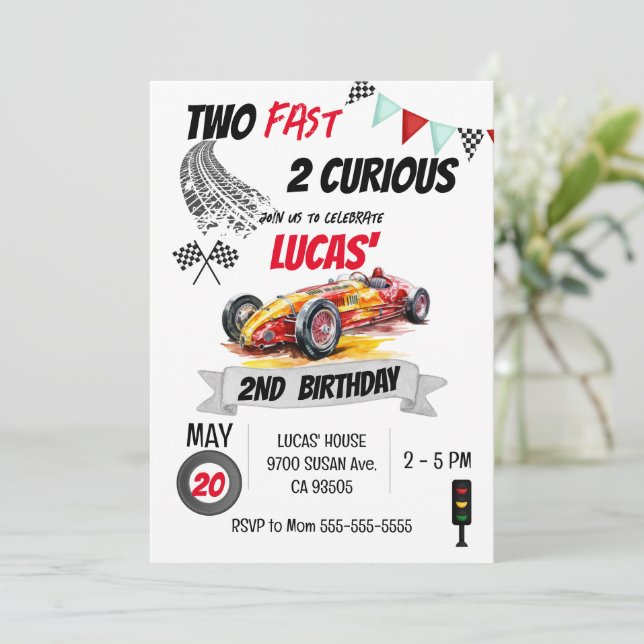 Two Fast 2 Curious Red Race Car 2nd Birthday Boy  Invitation (Standing Front)