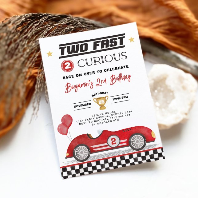 Two Fast 2 Curious Red Vintage Car Boy Birthday Invitation (Creator Uploaded)