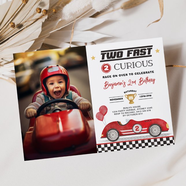 Two Fast 2 Curious Red Vintage Car Photo Birthday Invitation (Creator Uploaded)