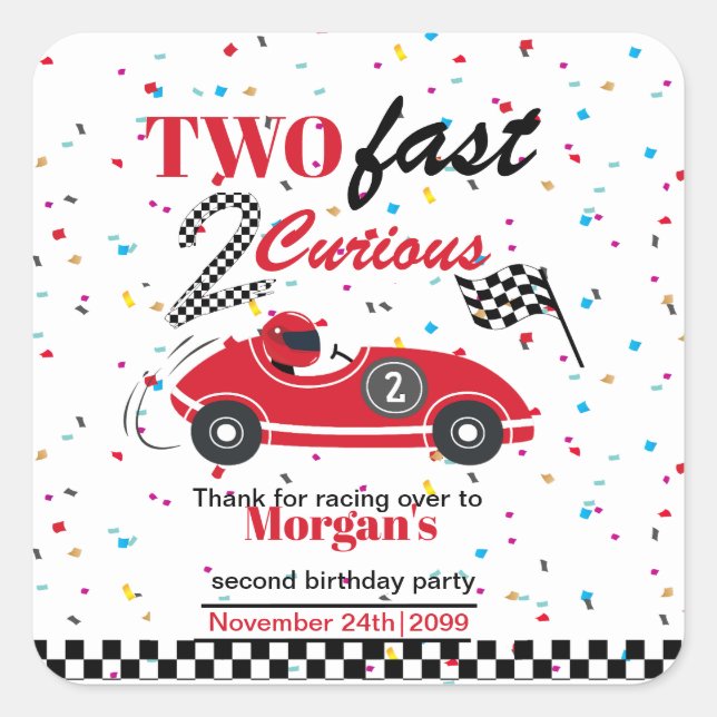 Two Fast 2Curious Red Sports Car Second Birthday  Square Sticker (Front)