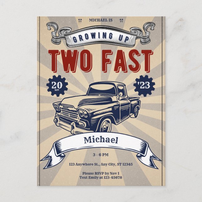 Two Fast 2nd Birthday Boy Car Cheap Invitation Postcard (Front)