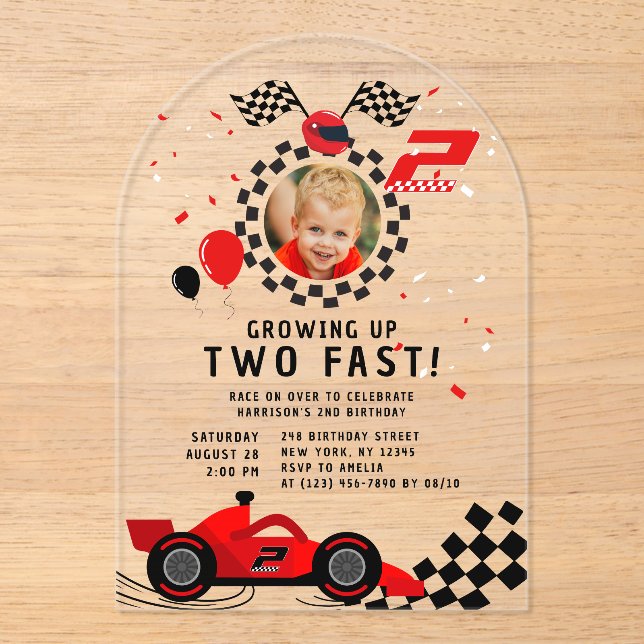 Two Fast 2nd Birthday Kids Cute Red Racing Car Acrylic Invitations (Front)