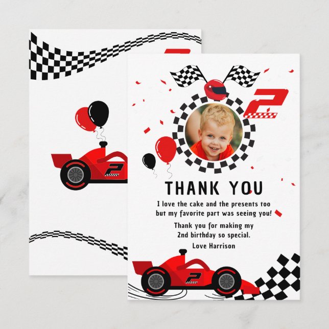 Two Fast 2nd Birthday Kids Cute Red Racing Car Thank You Card (Front/Back)