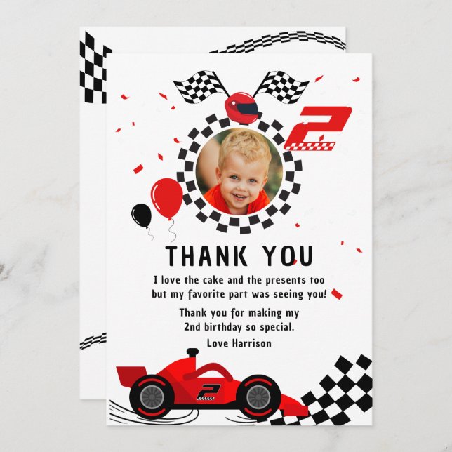 Two Fast 2nd Birthday Kids Cute Red Racing Car Thank You Card (Front/Back)
