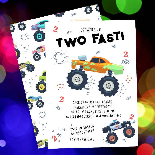Two Fast 2nd Birthday Kids Monster Car Trucks Invitation (Creator Uploaded)