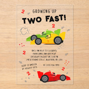 Two Fast 2nd Birthday Kids Racing Cars Acrylic Invitations