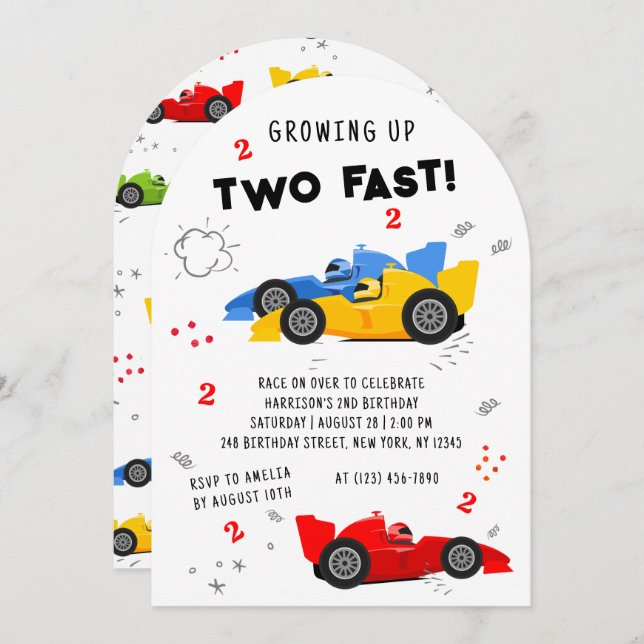 Two Fast 2nd Birthday Kids Racing Cars Invitation (Front/Back)