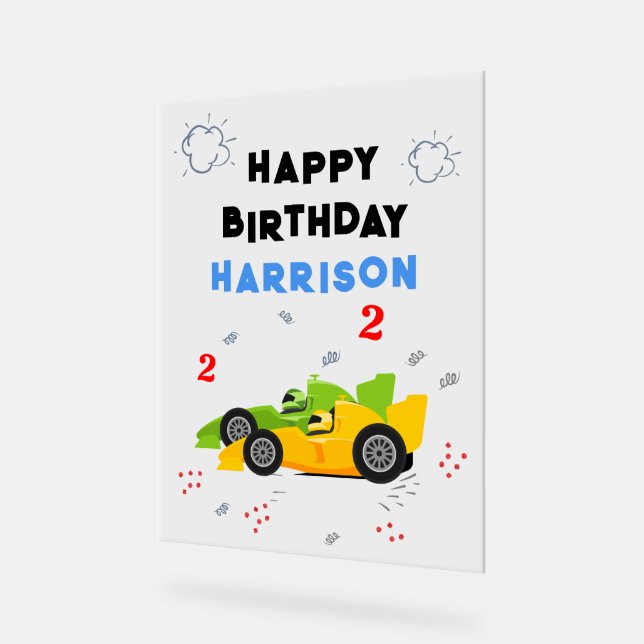Two Fast 2nd Birthday Kids Racing Cars Name Acrylic Sign (Angle)