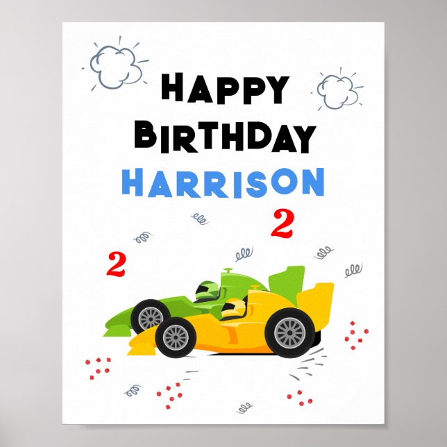 Two Fast 2nd Birthday Kids Racing Cars Name Poster (Front)