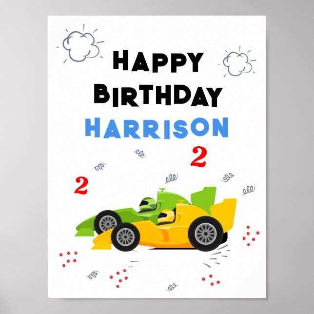 Two Fast 2nd Birthday Kids Racing Cars Name Poster (Front)