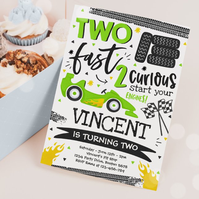 Two Fast 2nd Birthday Party Green Race Car Party Invitation (Creator Uploaded)