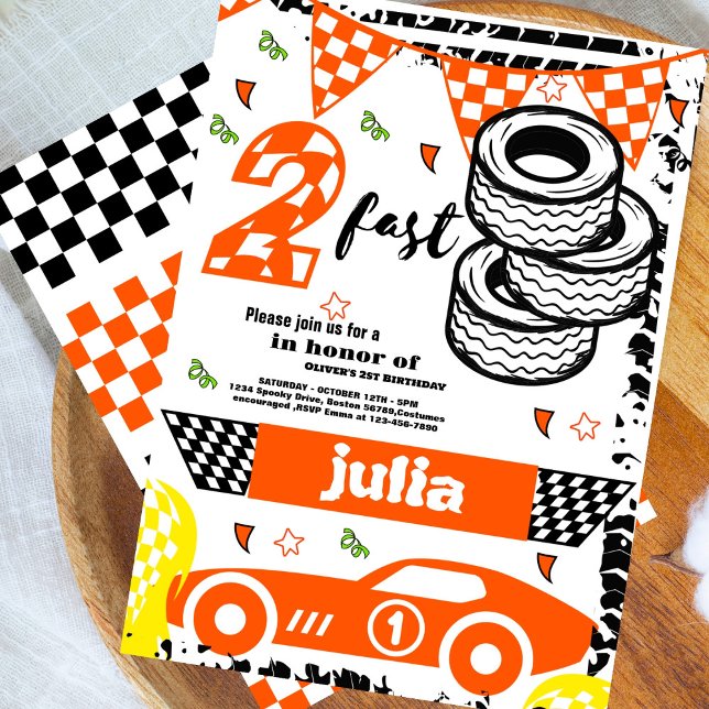 Two Fast 2nd  Birthday Party orange Race Car Party Invitation (Creator Uploaded)