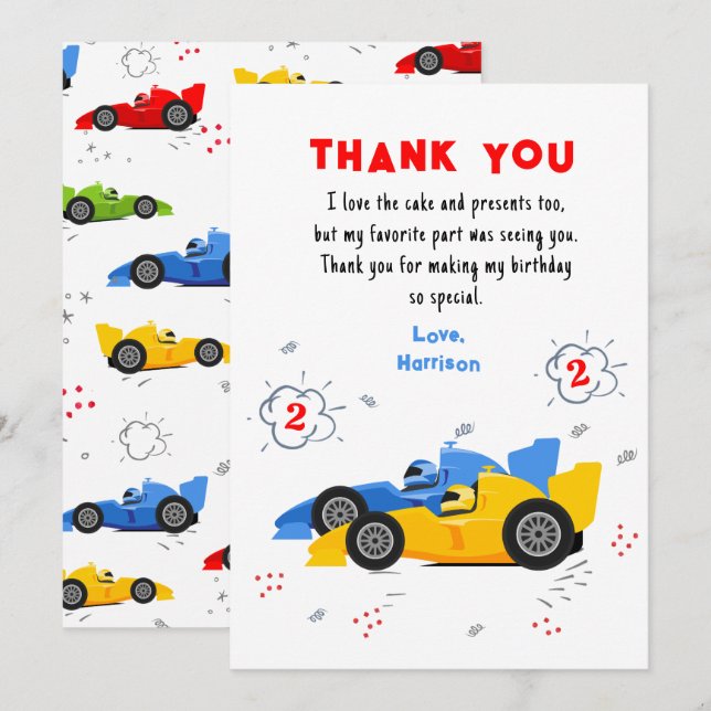 Two Fast 2nd Birthday Racing Cars Thank You Card (Front/Back)