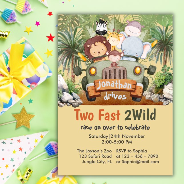 Two Fast 2Wild Safari Animals Car 2nd Birthday  Invitation (Creator Uploaded)