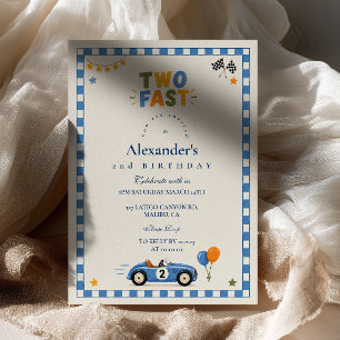 Two Fast Birthday Blue Retro Race Car Invitation