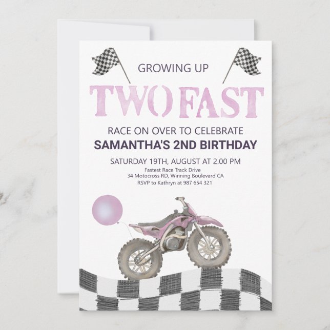 Two Fast Birthday Dirt Bike for Girls Invitation (Front)