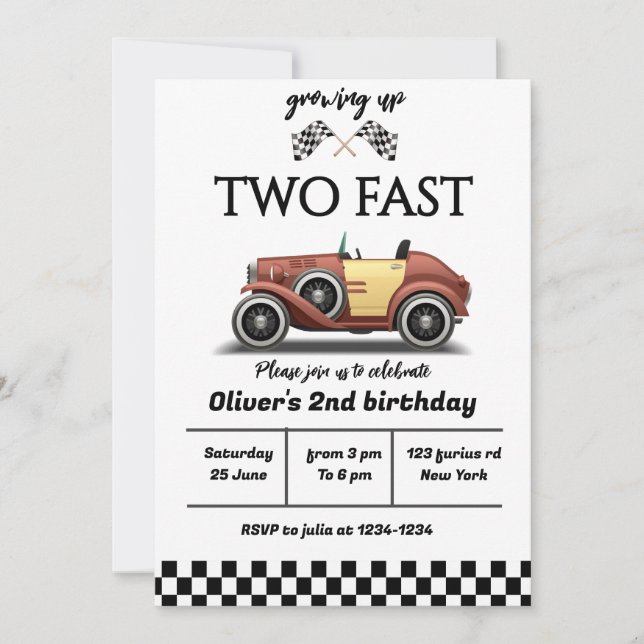 Two fast birthday invitation, 2nd birthday invite (Front)
