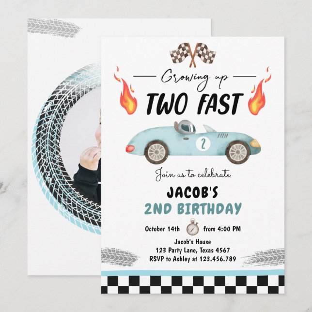 Two Fast Birthday Party Blue Race Car 2nd Birthday Invitation (Front/Back)