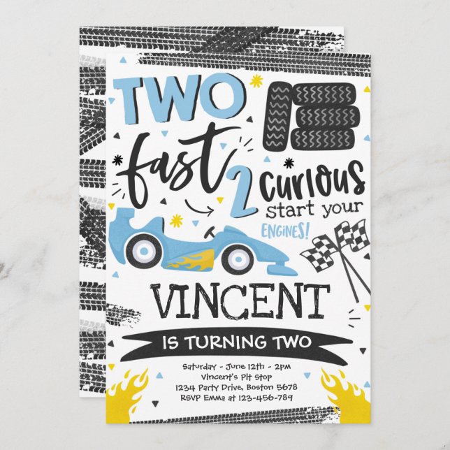 Two Fast Birthday Party Blue Race Car 2nd Birthday Invitation (Front/Back)