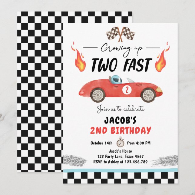 Two Fast Birthday Party Race Car 2nd Birthday Invi Invitation (Front/Back)