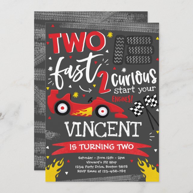 Two Fast Birthday Party Red Race Car 2nd Birthday  Invitation (Front/Back)