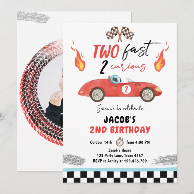 Two Fast Birthday Party Red Race Car 2nd Birthday  Invitation (Front/Back)