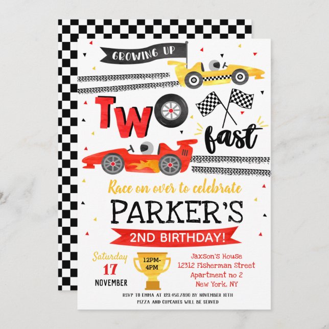 Two Fast Birthday Party Red Race Car 2nd Birthday  Invitation (Front/Back)