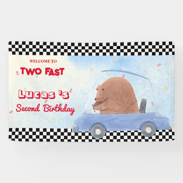 Two Fast Blue Bear Race Car 2nd HBD Party Banner (Horizontal)