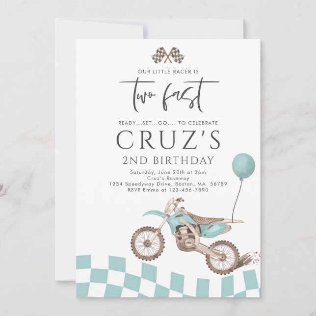 Two Fast Blue Dirt Bike Boy 2nd Birthday Party  Invitation (Front)