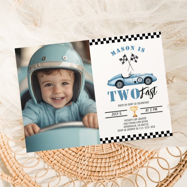 Two Fast Blue Photo Race car Boy 2nd Birthday Invitation (Creator Uploaded)