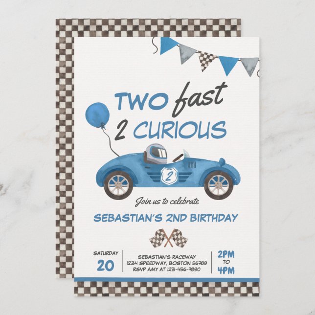 Two Fast Blue Race Car 2nd Birthday Invitation (Front/Back)