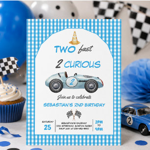 Two Fast Blue Race Car 2nd Birthday Invitation