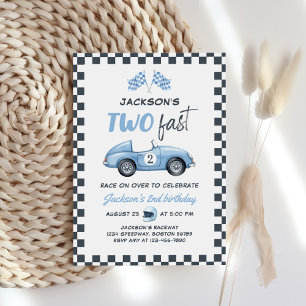 Two Fast Blue Race Car 2nd Birthday Invitation