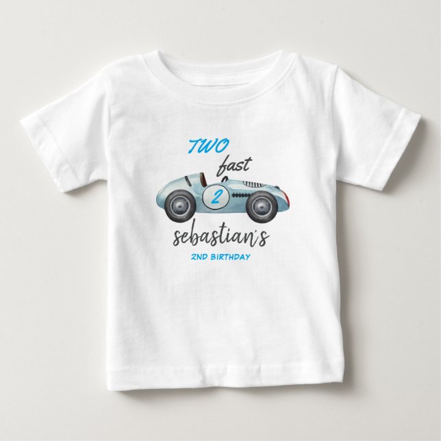 Two Fast Blue Race Car 2nd Birthday Invitation Baby T-Shirt (Front)