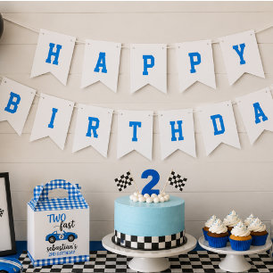 Two Fast Blue Race Car 2nd Birthday Party Bunting