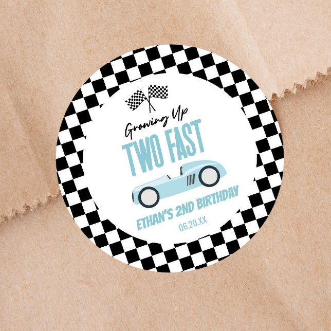 Two Fast Blue Race Car 2nd Birthday Party Classic Round Sticker (Creator Uploaded)