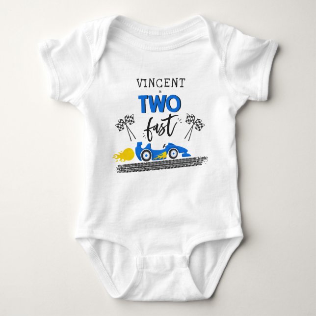 Two Fast Blue Race Car 2nd Birthday Party Outfit Baby Bodysuit (Front)