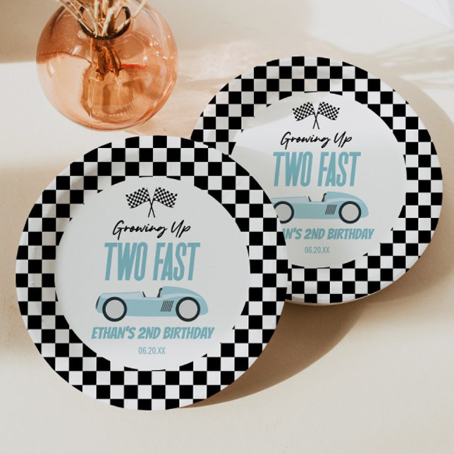 Two Fast Blue Race Car 2nd Birthday Party Paper Plate (Creator Uploaded)