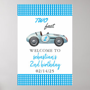 Two Fast Blue Race Car 2nd Birthday Party Poster
