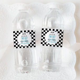 Two Fast Blue Race Car 2nd Birthday Party Water Bottle Label