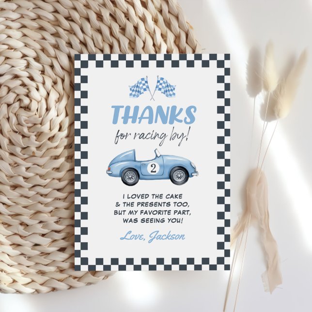 Two Fast Blue Race Car 2nd Birthday Thank You Card (Creator Uploaded)