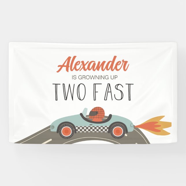 Two Fast BLUE Race Car Birthday Banner (Horizontal)