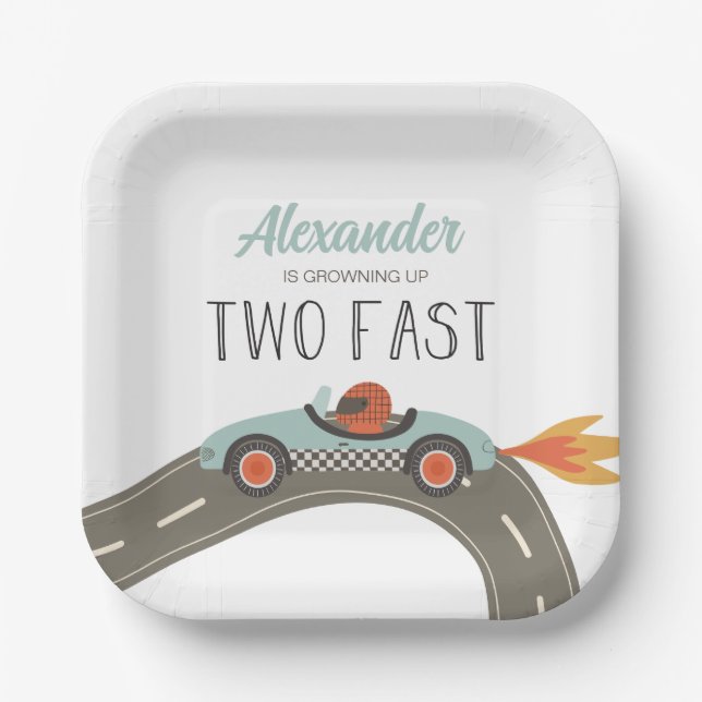 Two Fast BLUE Race Car Birthday Paper Plate (Front)
