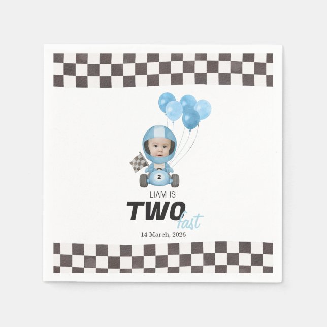 Two Fast Blue Race Car Custom Photo 2nd Birthday Napkin (Front)