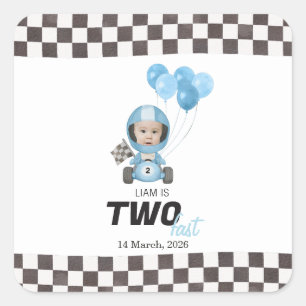 Two Fast Blue Race Car Custom Photo 2nd Birthday Square Sticker