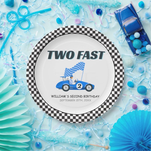Two Fast Blue Race Car Second Birthday  Paper Plate (Party)