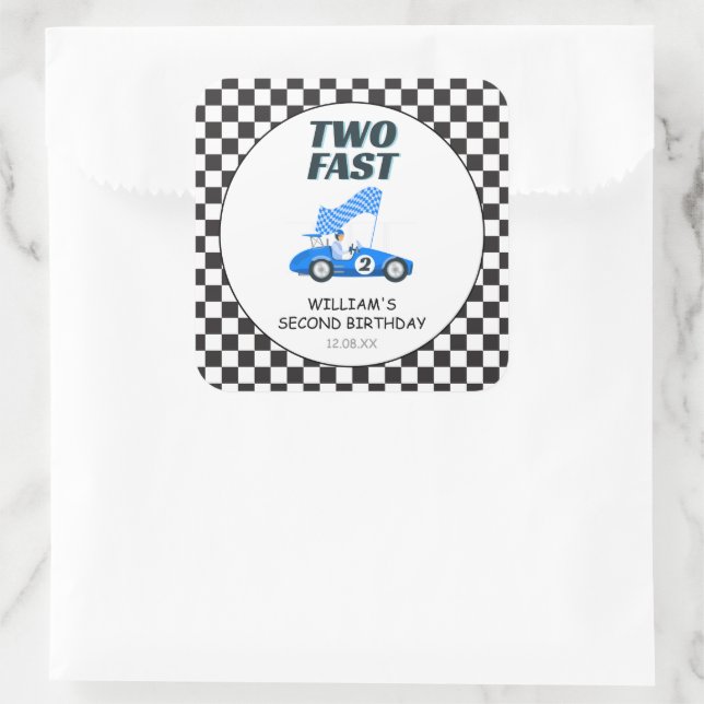 Two Fast Blue Race Car Second Birthday  Square Sticker (Bag)