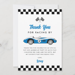 Two Fast Blue Vintage Race Car Boy Birthday Party Thank You Card