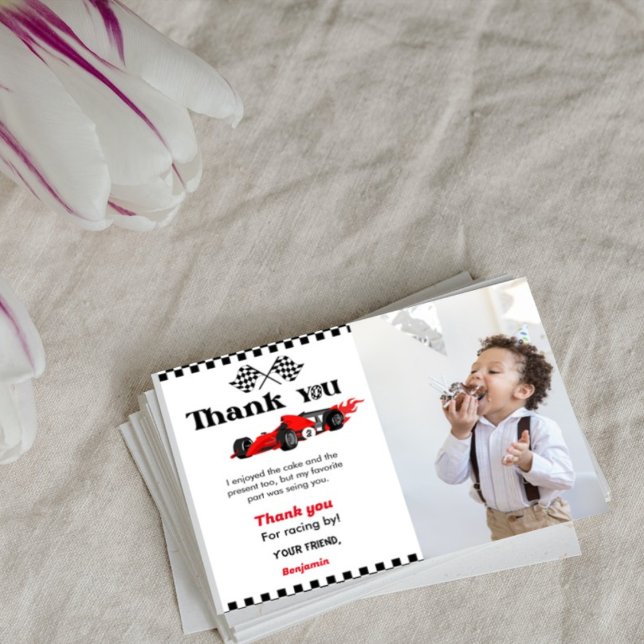 Two fast car race boybirthday party thank you card (Creator Uploaded)